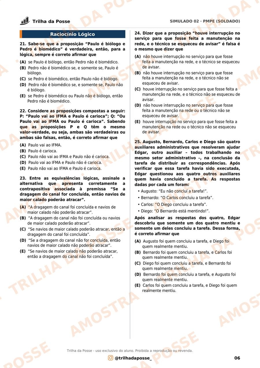 Questões do simulado · Raciocínio Lógico (21 a 25)