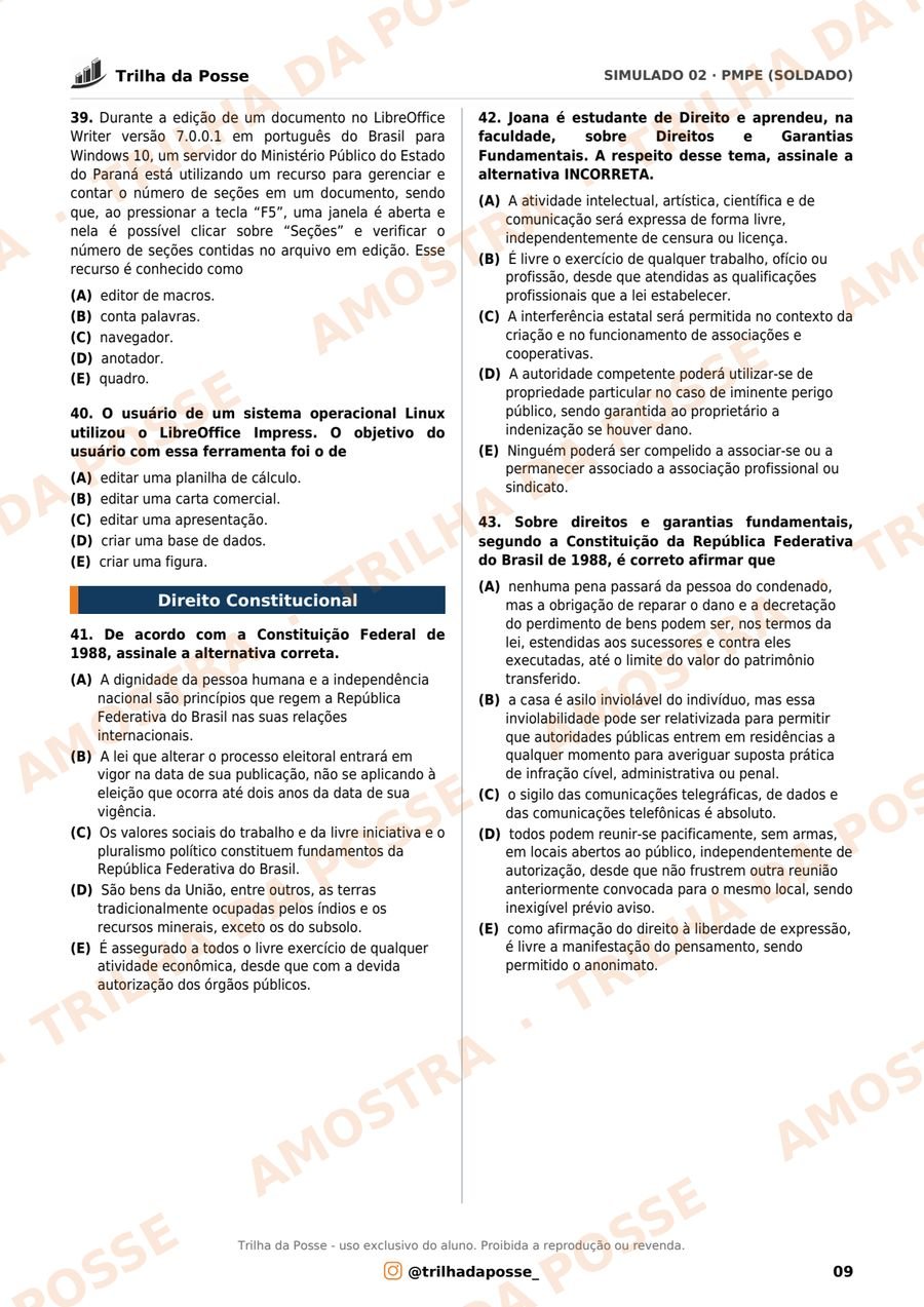 Questões do simulado · Informática e Direito Constitucional (39 a 43)